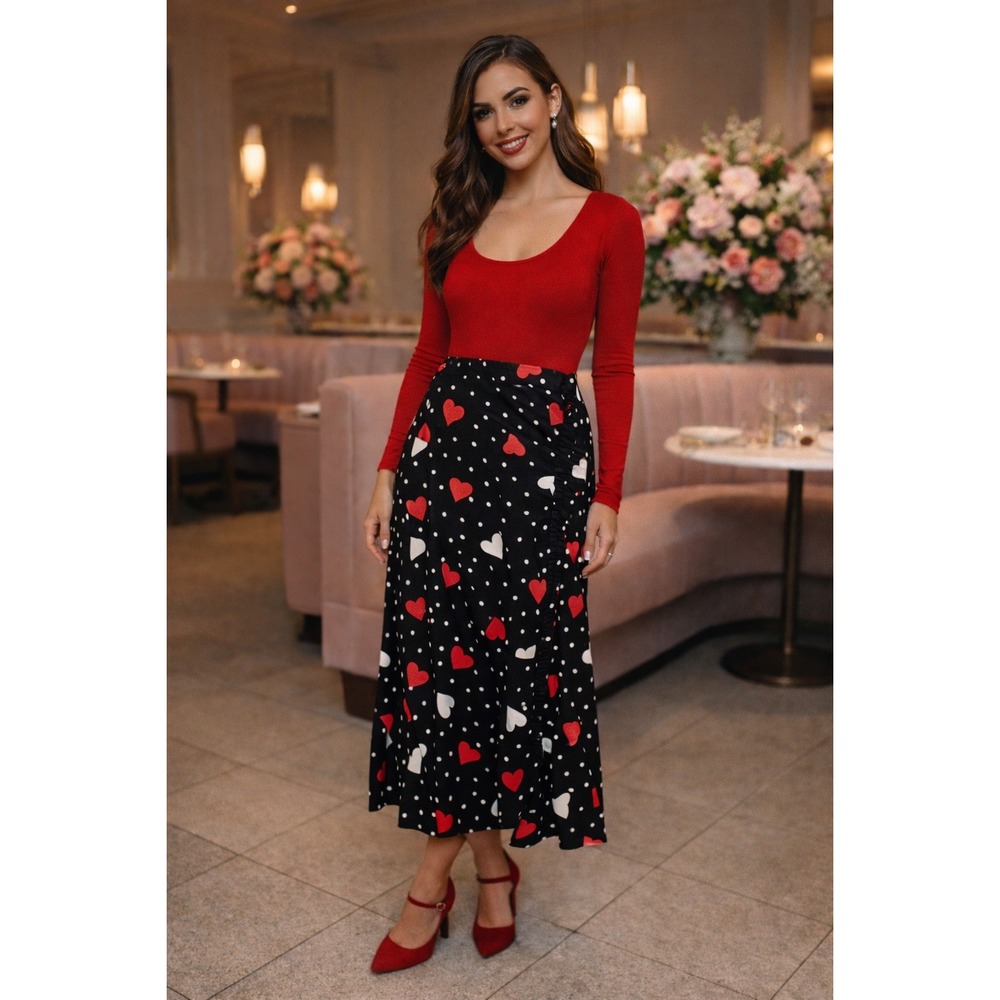 Kitri (Revolve) Tallulah Black Heart Print Ruffled Midi Skirt Valentine Sz 6